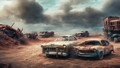Obraz na płótnie Canvas The painting depicts a desolate desert landscape littered with abandoned vintage cars. Generative AI
