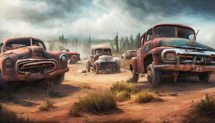Plakat The painting depicts a desolate desert landscape littered with abandoned vintage cars. Generative AI