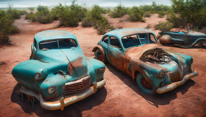 Fototapeta na wymiar The painting depicts a desolate desert landscape littered with abandoned vintage cars. Generative AI