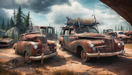 The painting depicts a desolate desert landscape littered with abandoned vintage cars. Generative AI