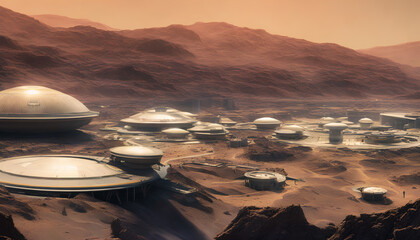 Fototapeta na wymiar Artistic concept illustration of a futuristic space colony, city on mars planet, background illustration.