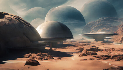 Fototapeta na wymiar Artistic concept illustration of a futuristic space colony, city on mars planet, background illustration.