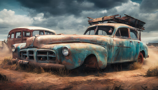 The painting depicts a desolate desert landscape littered with abandoned vintage cars. Generative AI