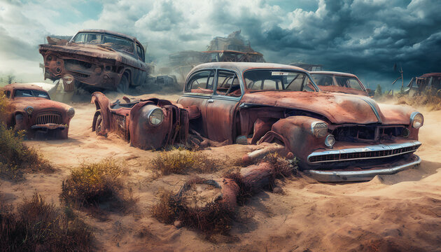 The painting depicts a desolate desert landscape littered with abandoned vintage cars. Generative AI