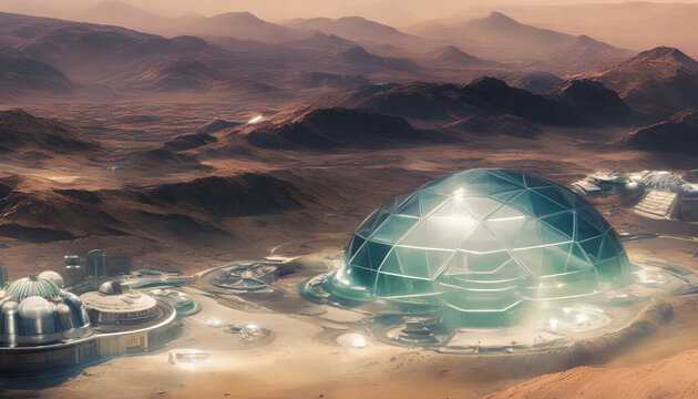 Artistic concept illustration of a futuristic space colony, city on mars planet, background illustration.