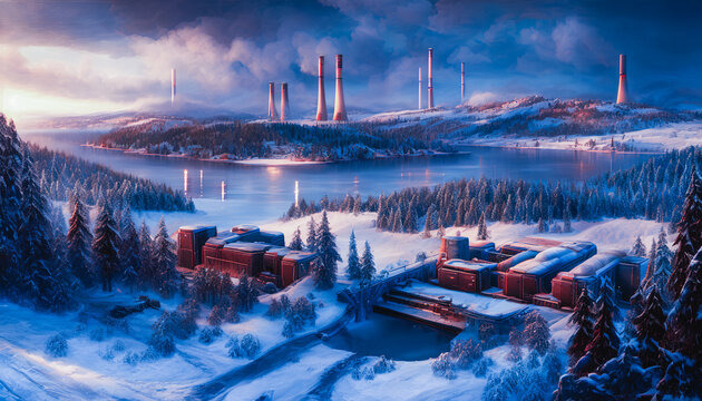 The painting portrays a wintery nuclear power plant set against a snowy backdrop. Generative AI