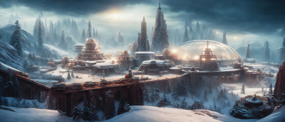 Colonized, icy planet with a vast, snowy landscape and towering, futuristic space station. The stark white of the snow and the cold, metallic hues of the station. Generative AI