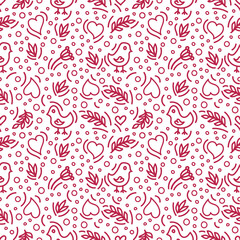 Seamless Pattern with elements in Doodle Style. Birds, Hearts, Branches, Dots and other magenta elements on white background