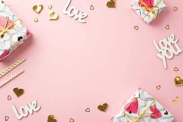 Saint Valentine's Day concept. Top view photo of gift boxes golden heart shaped confetti inscriptions love and straws on isolated pastel pink background with empty space in the middle