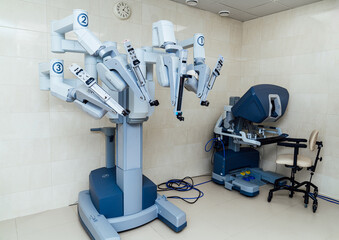 Medical operation technologies. Modern Da vinci surgery robot.