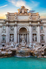 Fototapeta na wymiar Trevi Fountain, Historic Landmark in Rome, Italy. Cloudy Sunset Sky Art Render.