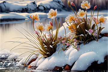 flower blooming in a frozen winter landscape announcing the beginning of spring