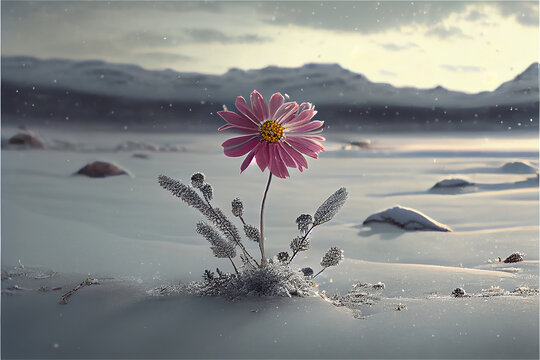 Flower Blooming In A Frozen Winter Landscape Announcing The Beginning Of Spring