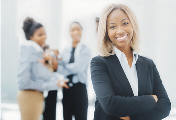 Ai Generative Illustration Smiling business black woman standing in creative office
