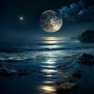 Coastal moonlight. Magical night on the sea coast, full blue moon and rocks. Art created with Generative AI technology © Olga