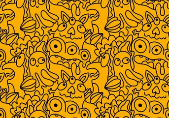 Selbstklebende Fototapeten Cartoon doodle monsters seamless aliens and animals pattern for wrapping paper and fabrics and kids clothes © Tetiana