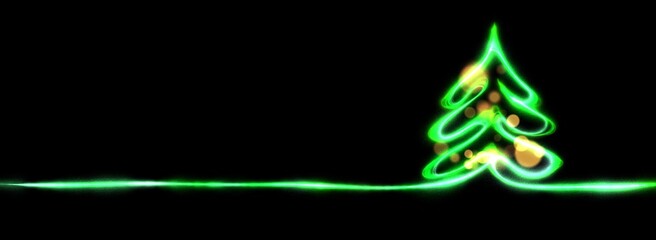 Green Christmas tree glowing line, bokeh black background. Isolated light shining abstract fir-tree. Neon lamp. Modern fluorescent object. Luminescent illumination.