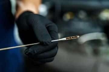 The mechanic checks the oil in the car engine. Close-up of a hand holding a dipstick