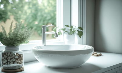 Modern vessel sink on countertop in bathroom with a beautiful view from the window. Interior design elements. digital illustration	