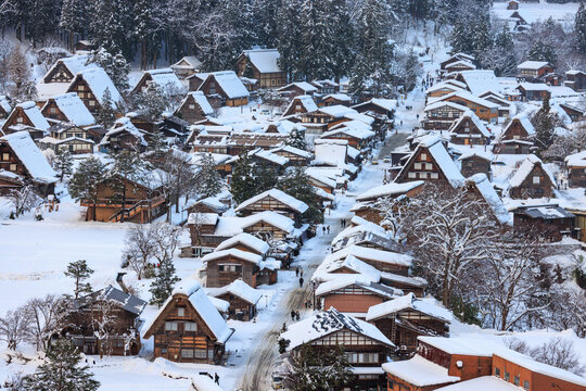 Main street through historic mountain village covered in snow