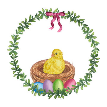 Green round frame with a pink bow, chick in the nest, colored eggs. Hand-drawn watercolor illustration isolated on white background. Happy easter