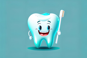  illustration of a smiling white, healthy tooth. Cartoon smiley tooth that might work well in a pediatric dental clinic. Kids' Tooth Character. Dentist Mascot Cute. Generative AI
