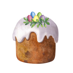 Watercolor Easter cake with white glaze and colored sprinkles. Isolated on white background. A template for your invitation, postcards, print design