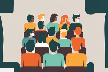 audience, attendees at a lecture or public event. At a conference, presentation, or training, a group of men and women are seated on chairs. the auditorium's back. Isolated flat drawing on a white bac