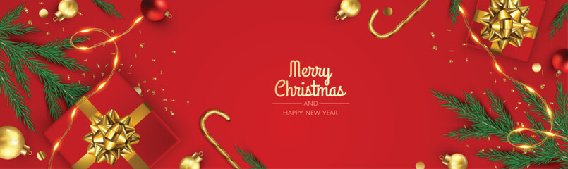 Merry Christmas and Happy New Year. Xmas Festive background with realistic 3d objects, gift box, gold balls.