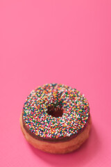 Chocolate Donut with Rainbow Sprinkles on Pink Background