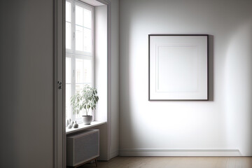 A modern, light filled room with an empty frame. Generative AI