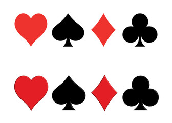 vector set with playing cards symbols; flat and 3d hearts, spades, diamonds and clubs on white background