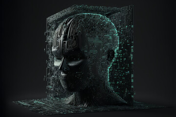 Quantum Computing Matrix code on black background, Glowing Circuit Board Network Connections Spreading out of a Cyborg Head, Generative AI