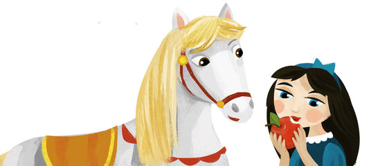 cartoon princess queen with her friend horse illustration