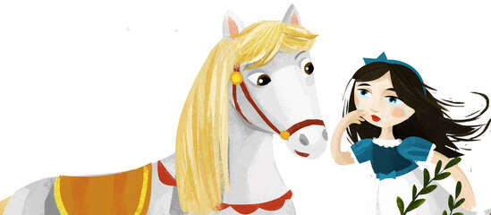cartoon princess queen with her friend horse illustration