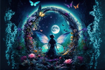Obraz na płótnie Canvas Fairy with wings in a fantasy magical enchanted forest with butterflies, magic flowers and huge moon. AI
