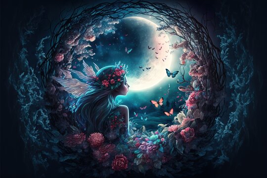 Fairy with wings in a fantasy magical enchanted forest with butterflies, magic flowers and huge moon. AI
