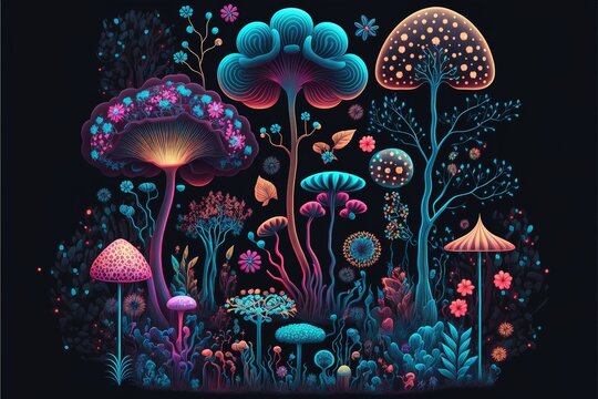 illustration Fantasy flowers, trees and mushrooms. AI