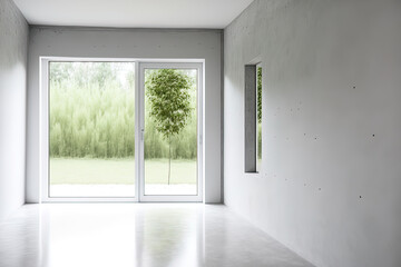 House interior, empty room with glass window frame, and concrete wall. Generative AI