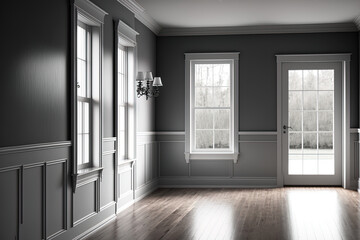 Interior of a traditional empty room. The rooms feature hardwood flooring, gray walls, and white molding. White windows gaze out onto the outdoors. Generative AI - obrazy, fototapety, plakaty