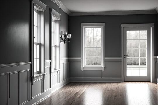 Interior of a traditional empty room. The rooms feature hardwood flooring, gray walls, and white molding. White windows gaze out onto the outdoors. Generative AI