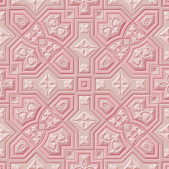 Textured emboss floral 3d seamless pattern. Pink arabesque embossed vector background. Repeat arabic ornamental backdrop. Floral 3d ornaments. Endless surface relief texture. Beautiful modern design