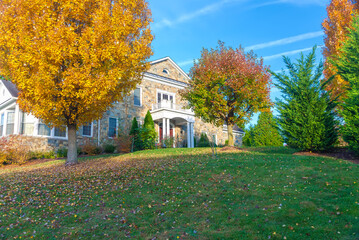 Beautiful autumn landscape. exterior of a house with a large yellow tree. Yard with green grass under autumn leaves.