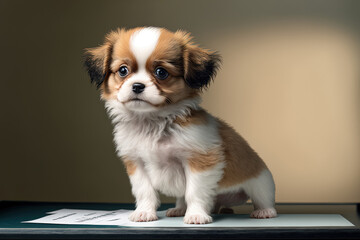 Small but courageous! A picture of a little, adorable puppy attending a vet office is seen standing on a table. pet care idea. Generative AI