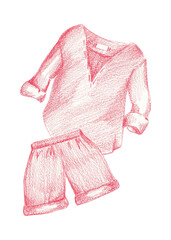 Obraz premium Pajama shorts and a long-sleeved T-shirt. Isolated pencil illustration for your design