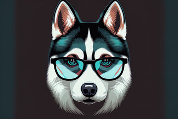 Cool cartoon symbol of a husky dog wearing glasses. animal nature symbol design, in a flat cartoon style, solitary. Generative AI