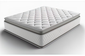 Isolated on white, a double sided queen sized plush pocketed coil mattress. Luxurious Pillow Top Two Sided Innerspring Mattress. Mattress with Washable Tufting, Responsive Springs, and Breathable Bord