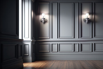 Interior Modern classic gray, wooden floor, wall panels, and molding. mock up for an illustration. Generative AI