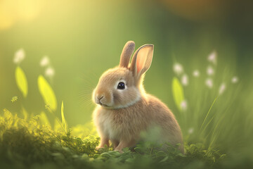 Fototapeta na wymiar Cute small rabbit in the springtime on the green grass with a bokeh backdrop. Young, cute rabbit having fun in the garden. Generative AI