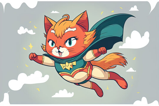 Flying cartoon icon image of a cute kitty super hero. animal nature symbol design, flat cartoon style, quality illustration. Generative AI